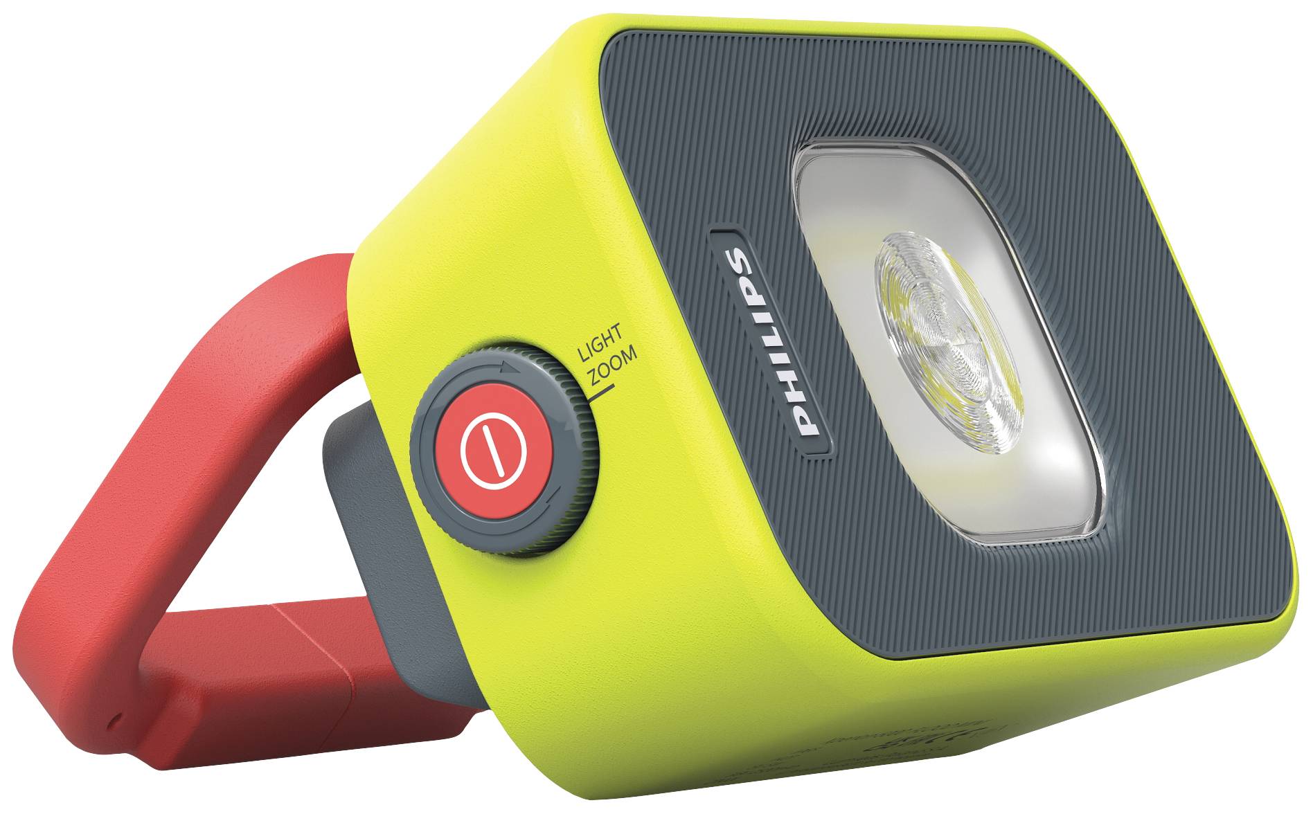Lampe de poche portable jaune avec poignée rouge, un interrupteur marche/arrêt et un faisceau lumineux réglable. Marque 'Philips' visible.