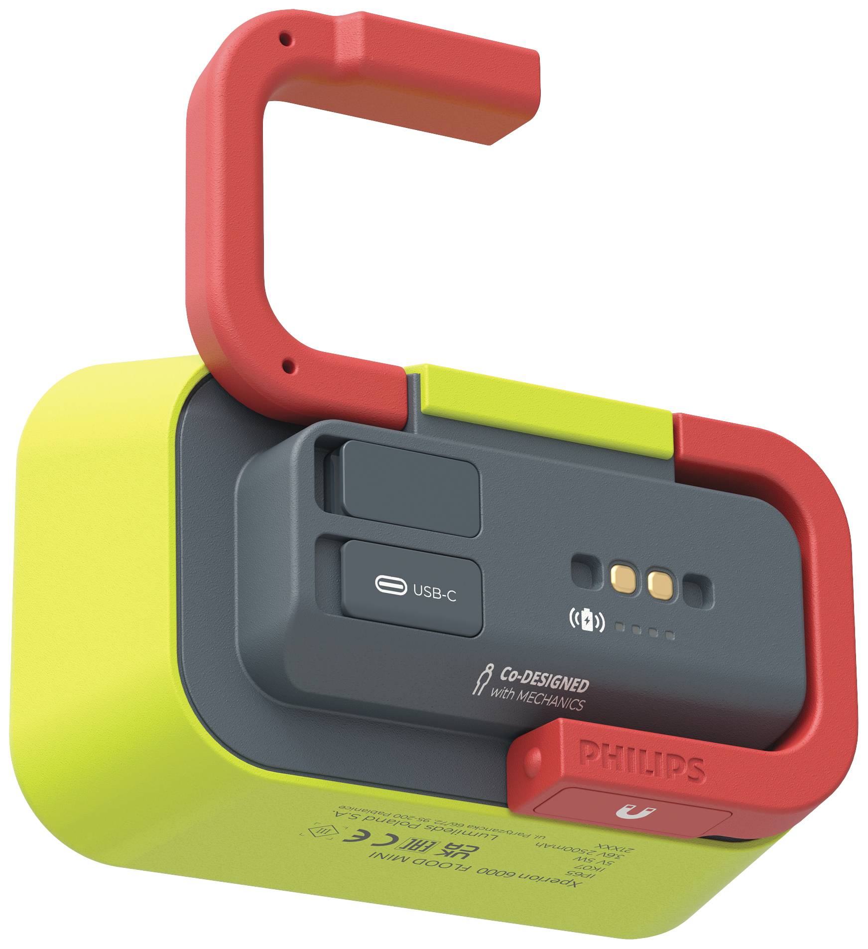 Un haut-parleur Bluetooth portable Philips de couleur vert et jaune, avec un crochet rouge, un port USB-C et des voyants LED.