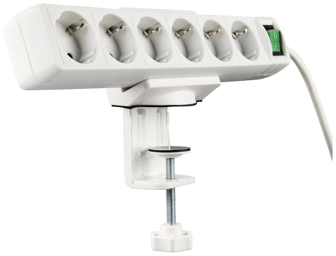 Multiprise blanche à six emplacements avec interrupteur à bascule. Fixée à une pince de table pour un montage flexible.