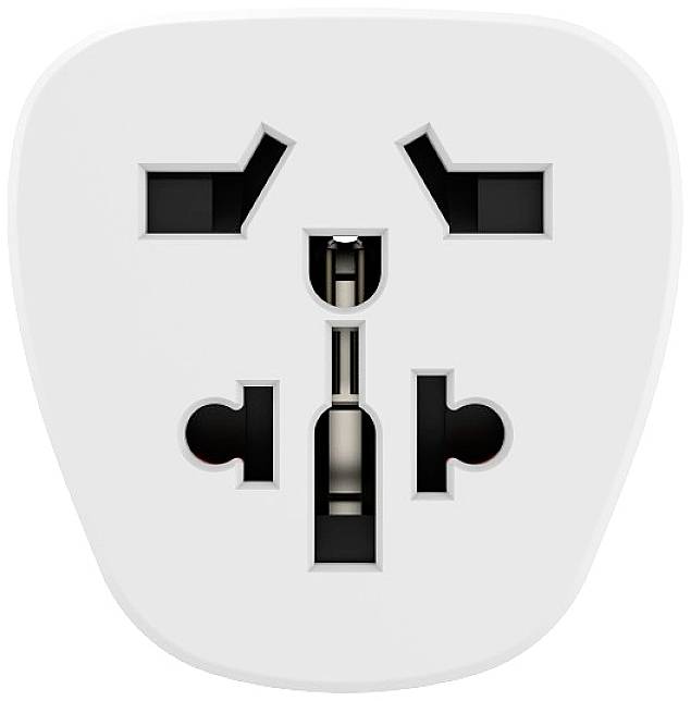 Un adaptateur de voyage universel avec plusieurs compatibilités de prises présente différentes formes de connexions pour une utilisation dans divers pays.
