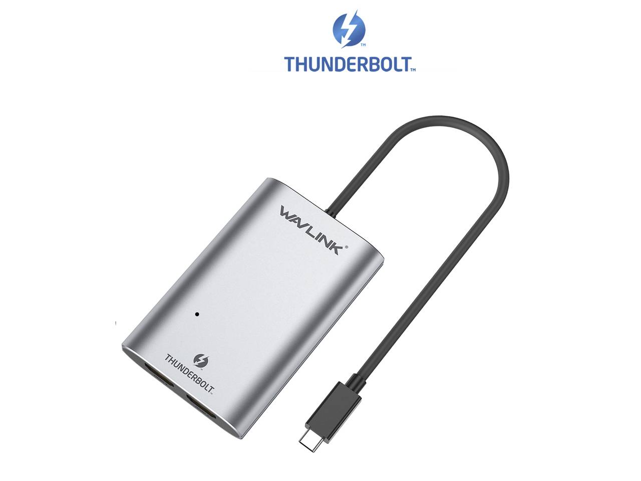 Adaptateur Thunderbolt de Wavlink en métal avec câble et connecteur USB-C, adapté au transfert de données et à la connexion de périphériques.
