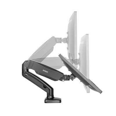 Image d'un bras de moniteur réglable avec deux écrans dans des positions différentes, illustrant la flexibilité et l'ergonomie.