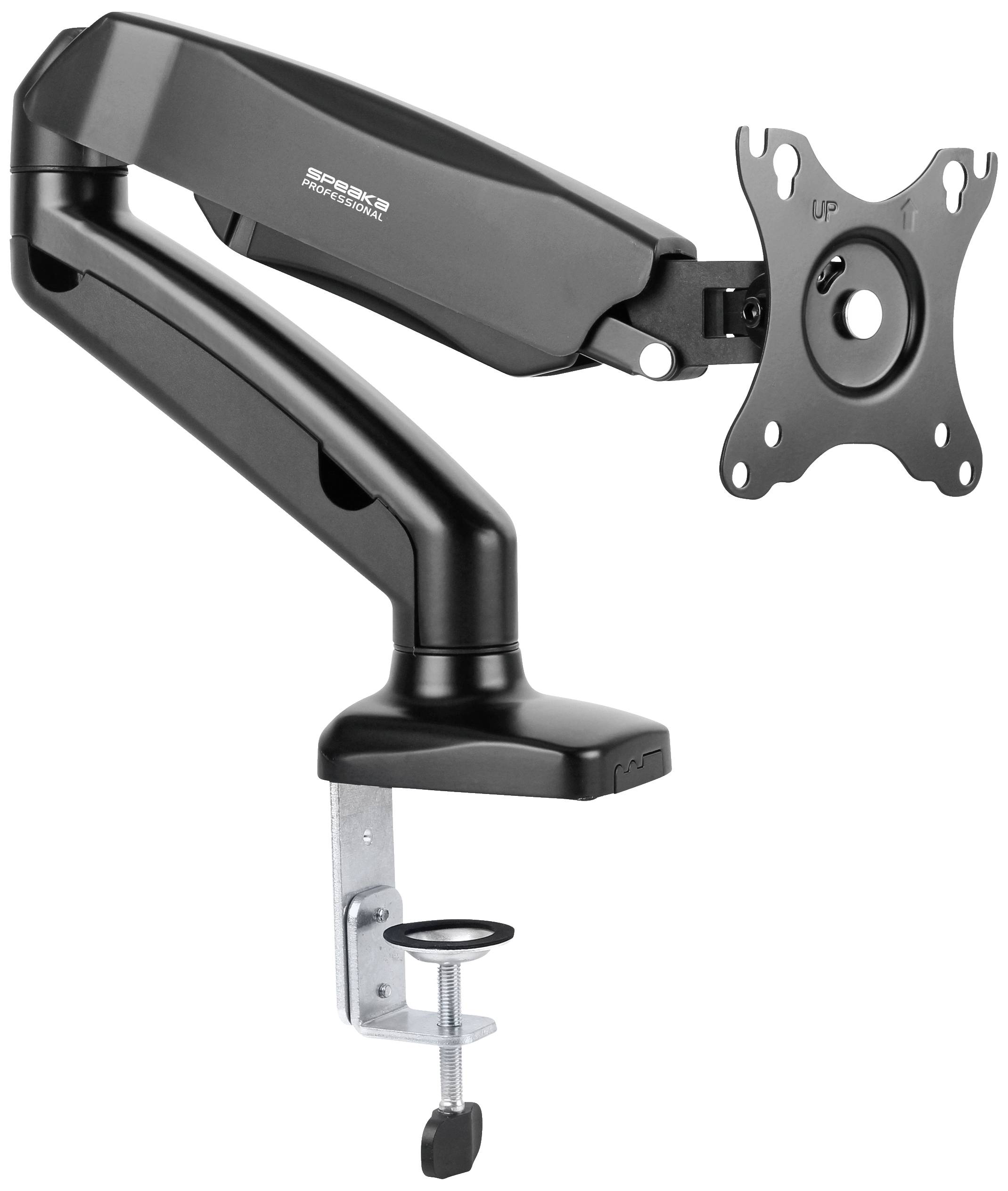 Support de moniteur noir, réglable, avec pince de fixation pour bureau. Adapté au montage d'écran, inclinable et pivotant de manière flexible.