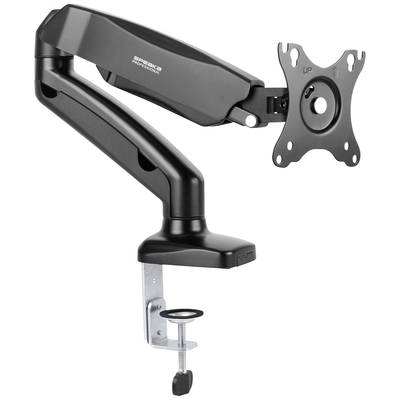 Support de moniteur noir, réglable, avec pince de fixation pour bureau. Adapté au montage d'écran, inclinable et pivotant de manière flexible.