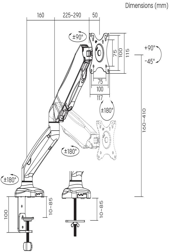 Dessin technique d'un bras de moniteur avec des unités de mesure en millimètres. Le bras est réglable et indique les angles de pivotement et d'inclinaison.