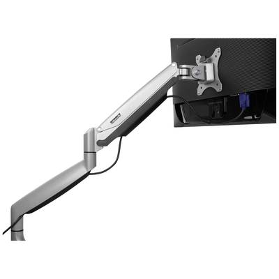 Un bras de support de moniteur réglable en métal maintient un écran, permettant un positionnement flexible et économisant de l'espace sur le bureau.