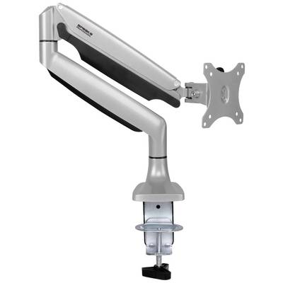 Image d'un bras de moniteur argenté avec une pince de fixation pour bureau et un support VESA pour écrans.