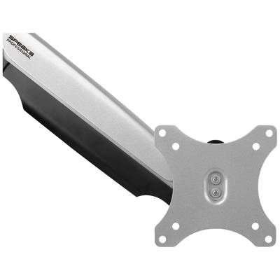 Un bras de moniteur argenté avec une articulation rectangulaire et réglable et un support VESA pour fixer un écran.