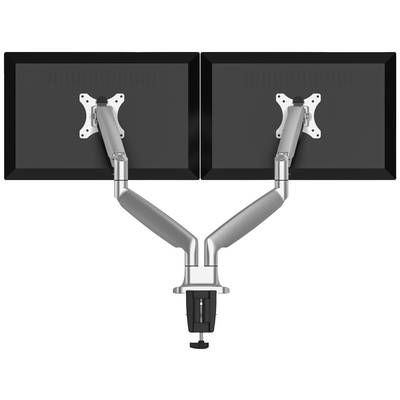Deux supports de moniteur en métal sont fixés et maintiennent deux écrans côte à côte. Les supports sont réglables de manière flexible.