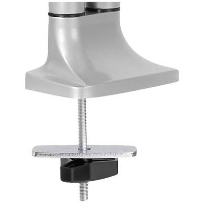 Pince de table grise avec vis, fixée sur la face inférieure d'un bras métallique carré.