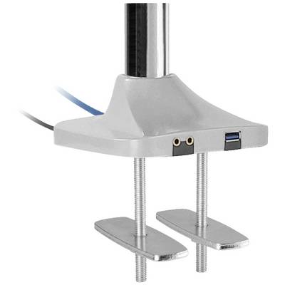 Un bras de microphone argenté avec pince de table réglable et ports USB et audio intégrés, adapté pour une fixation sur des surfaces planes.