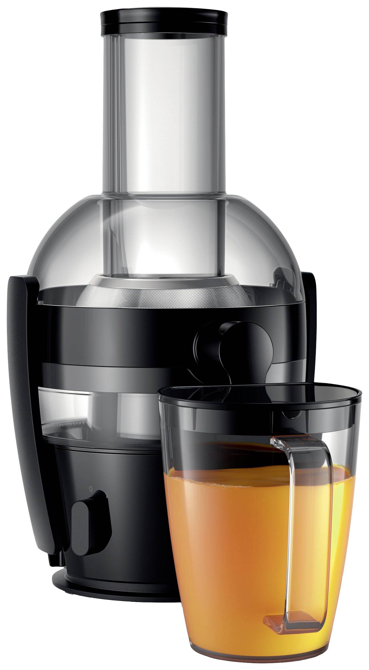 Extracteur de jus noir avec un verre de jus fraîchement pressé de couleur orange devant lui.