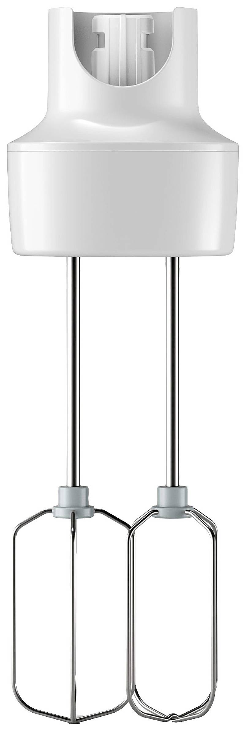 Batteur électrique blanc avec deux fouets en métal, adapté pour mélanger et battre la pâte et autres ingrédients.