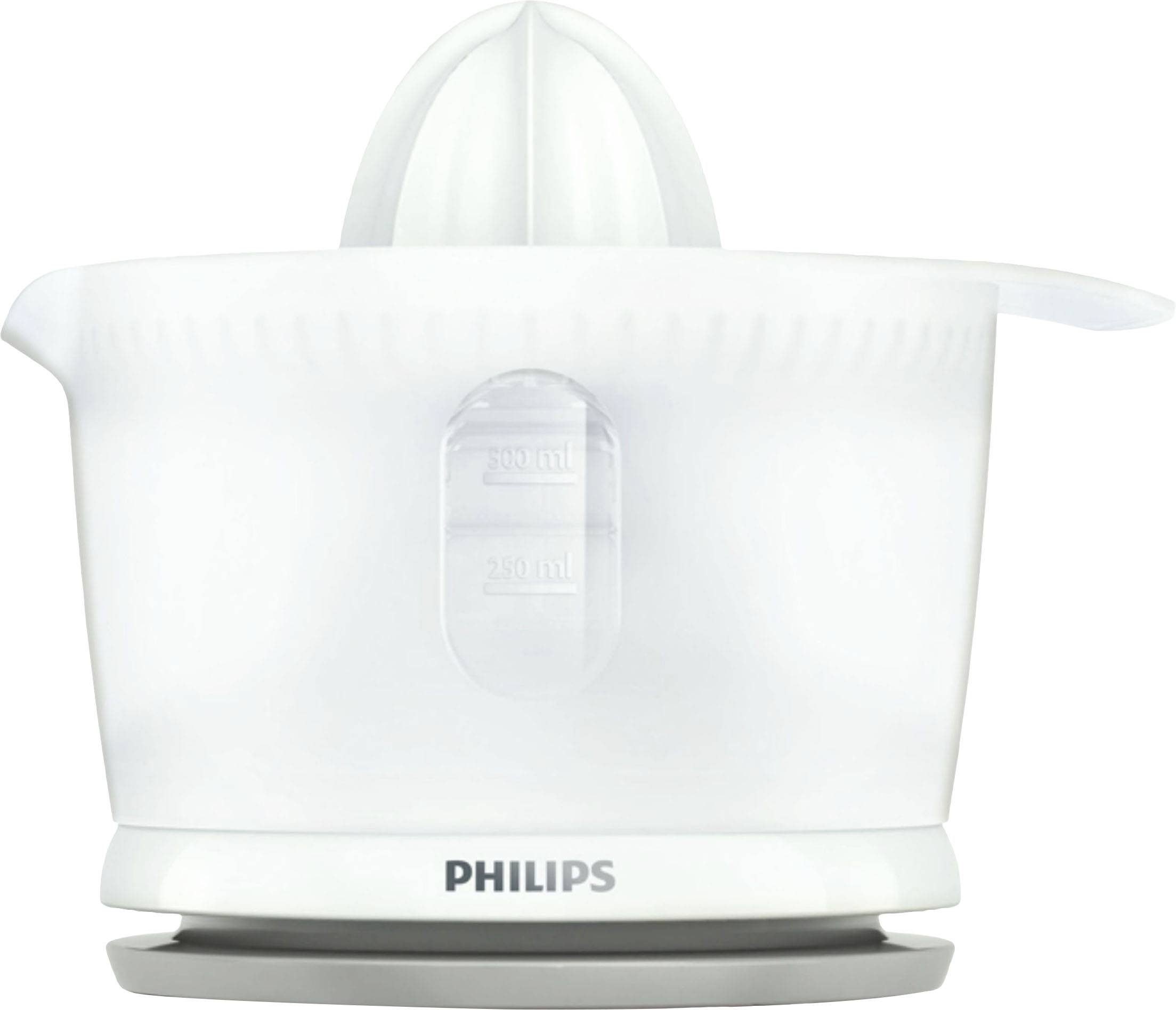 Presse-agrumes Philips blanche avec bec verseur et échelle graduée, idéale pour extraire facilement le jus d'oranges et de citrons.