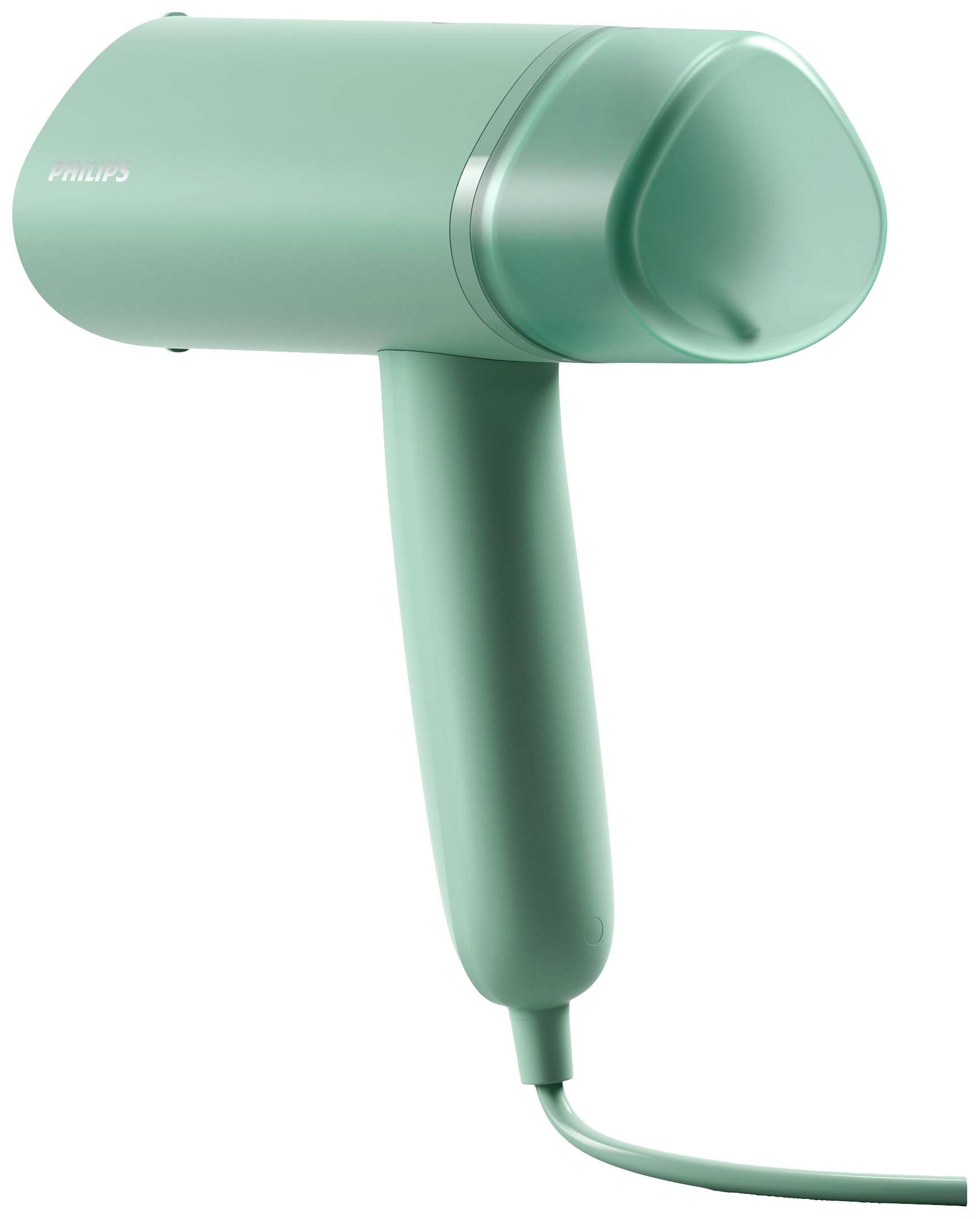 Un sèche-cheveux vert au design simple et moderne, avec un cordon situé à la base.