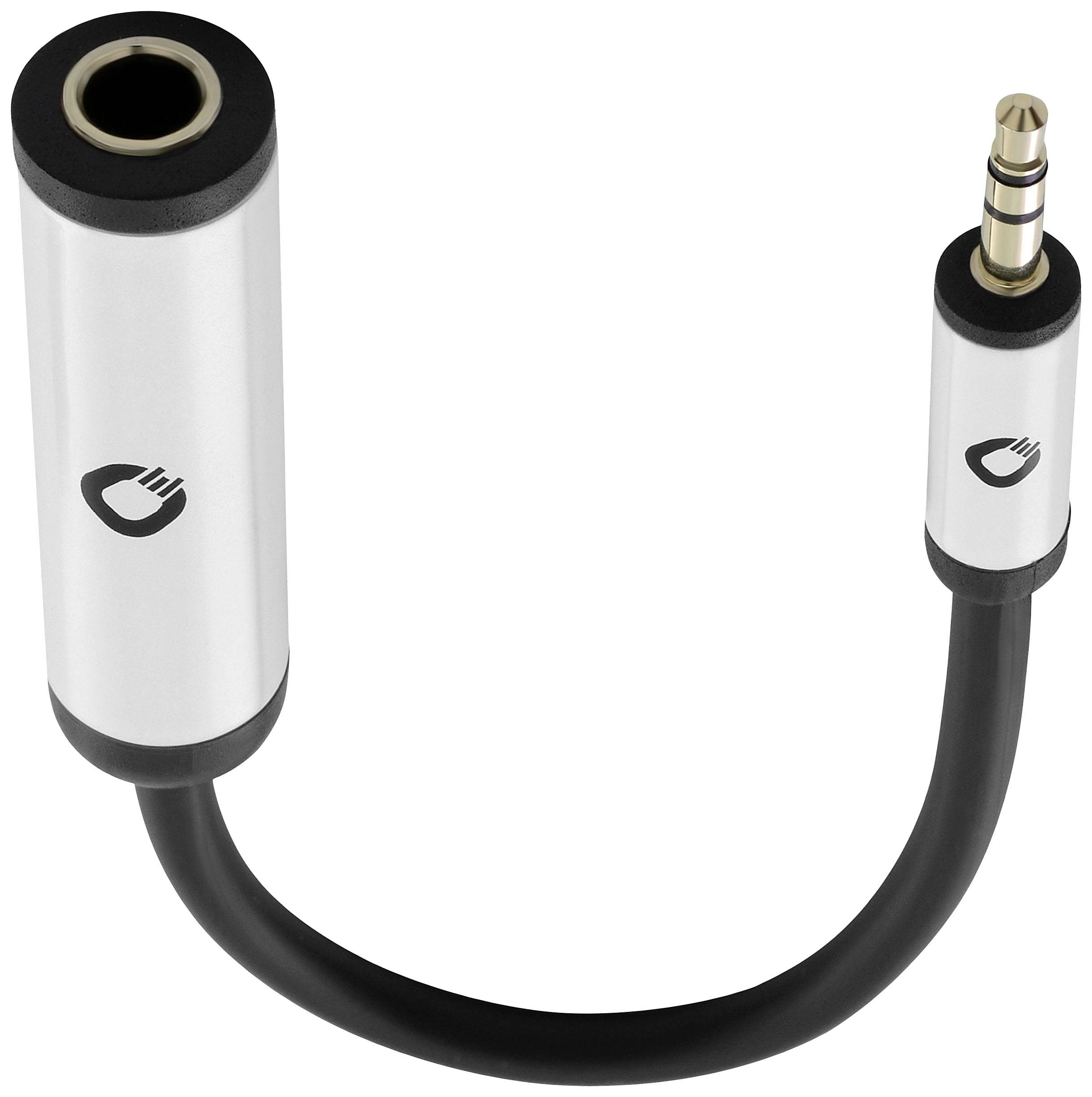 Câble adaptateur avec une fiche jack 3,5 mm et un port jack 3,5 mm, adapté pour les connexions audio, bornes argentées avec logo.
