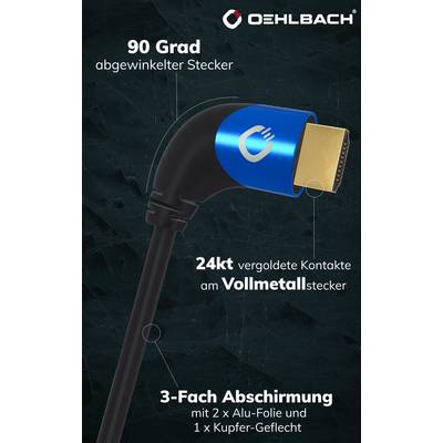 Câble HDMI avec connecteur coudé à 90 degrés, contacts plaqués or 24 carats, connecteur entièrement métallique, blindage triple, Oehlbach.