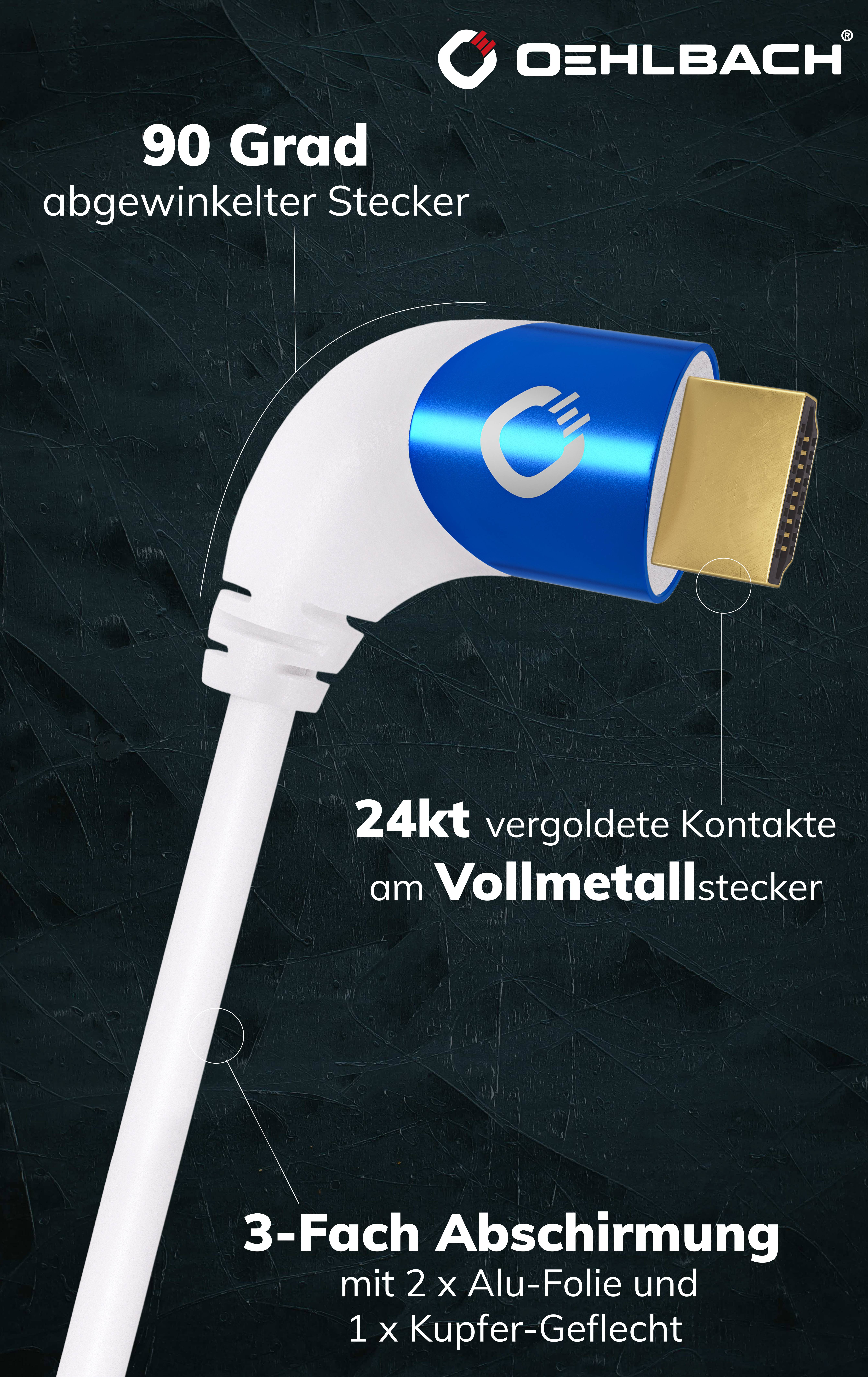 Un câble HDMI avec une fiche coudée à 90 degrés. Le texte sur l'image met en avant des contacts plaqués or 24 carats et un blindage triple.