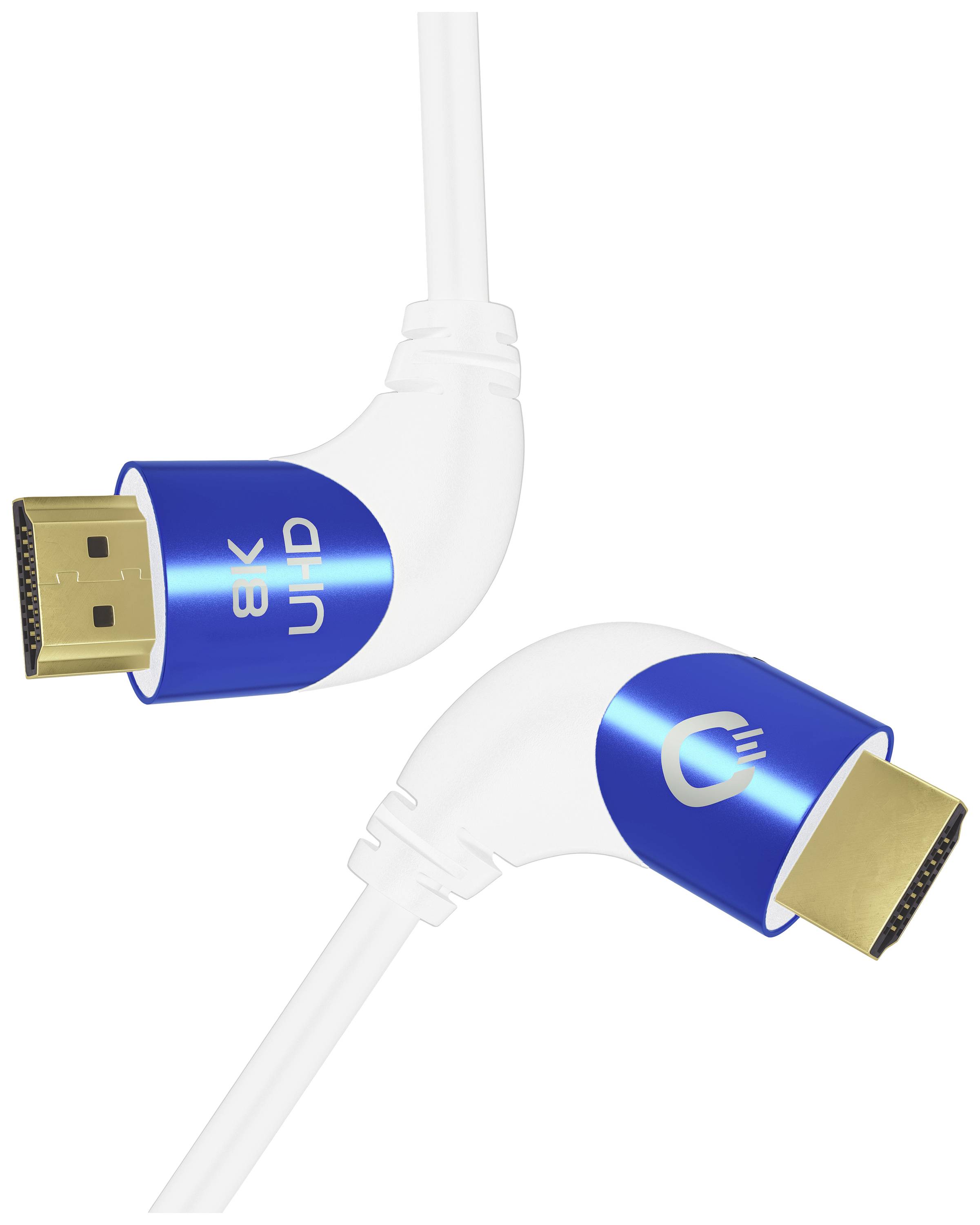 Deux câbles HDMI blancs munis d'étiquettes bleues portant la mention « 8K UHD » sont pliés à angle droit.