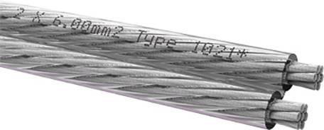 Deux câbles électriques isolés en argent portant l'inscription '2 x 6,00mm² Type 1022X', disposés en diagonale sur un fond blanc.