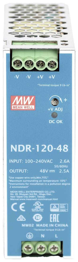 Alimentation à découpage bleue avec l'inscription 'NDR-120-48'. Entrée : 100-240VAC, Sortie : 48V. Plusieurs connexions en haut et en bas, marque 'Mean Well'.