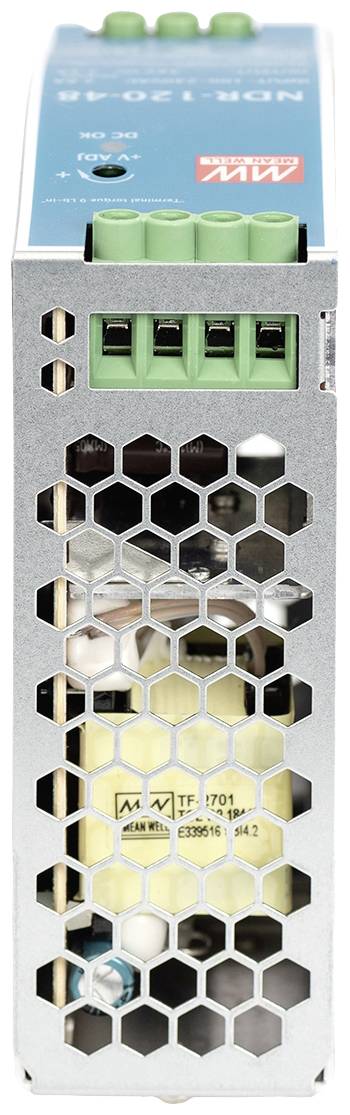 Bloc d'alimentation à découpage dans un boîtier métallique à motif en nid d'abeille ; affiche le logo de la marque et les connexions d'entrée/sortie.