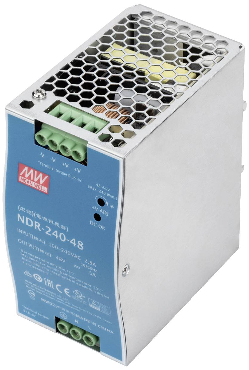 Un bloc d'alimentation à découpage avec façade bleue et connecteurs verts. Modèle NDR-240-48 de MW, pour une sortie de 48V à 240W de puissance.