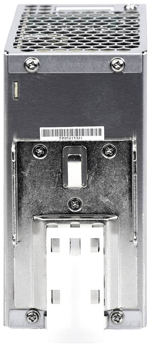 Un appareil métallique rectangulaire avec des grilles de ventilation et plusieurs vis en surface. Un manche blanc est visible en bas.