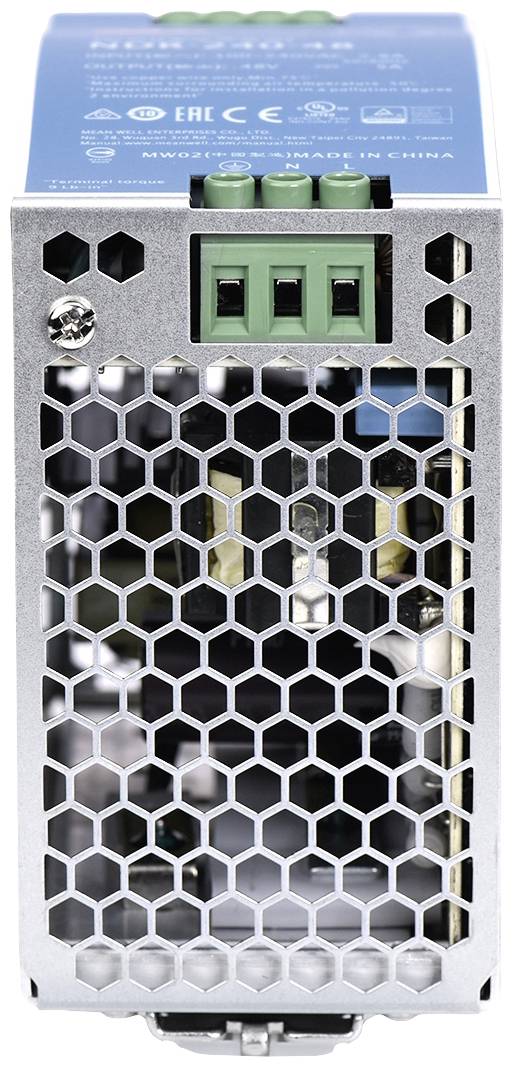 Un dispositif d'alimentation argenté avec une grille de ventilation en nid d'abeille et des bornes de connexion vertes, apparemment destiné à l'alimentation électrique.