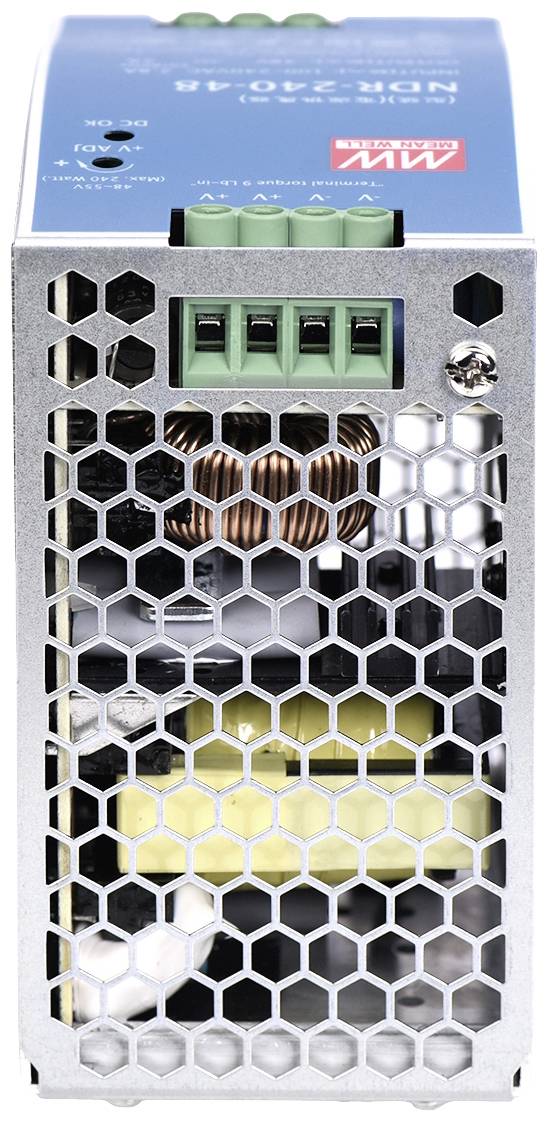 Bloc d'alimentation dans un boîtier métallique à structure alvéolaire, avec des composants électroniques visibles à l'intérieur. En haut, bornes de connexion avec trois raccordements verts.