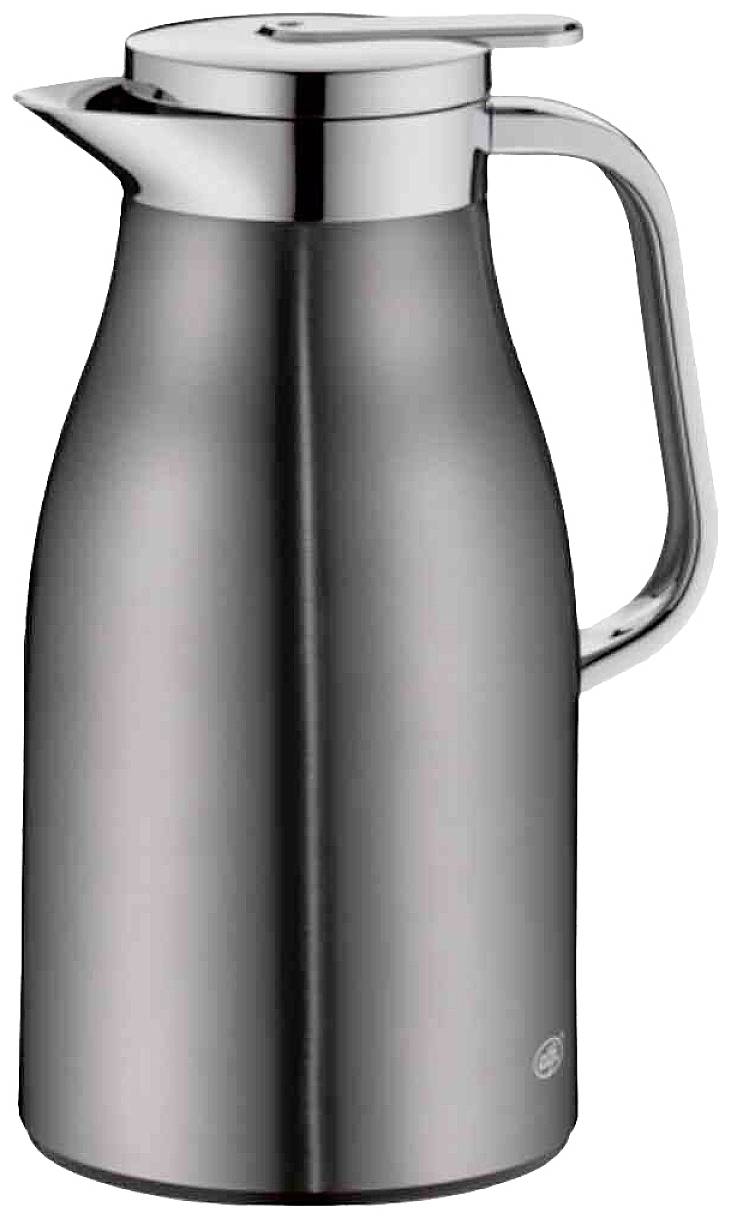 Carafe isotherme en argent avec couvercle et poignée, adaptée pour maintenir les boissons au chaud. Design épuré, fabriquée en acier inoxydable.