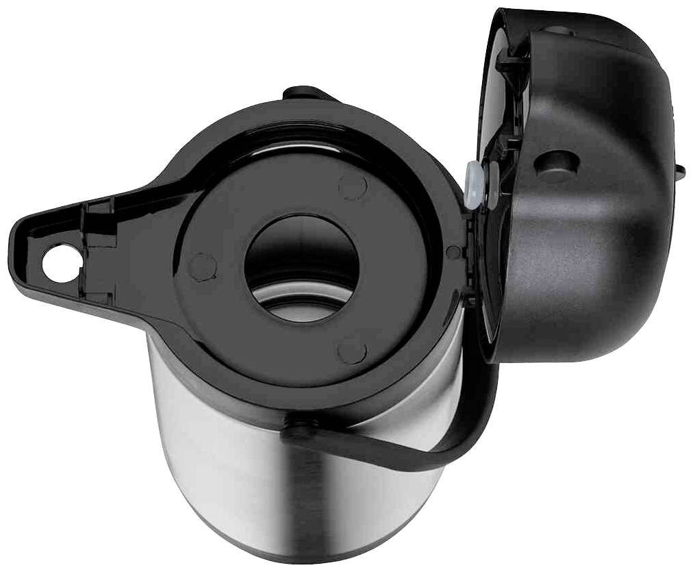 Thermos en argent ouvert avec un couvercle noir, vu de dessus.
