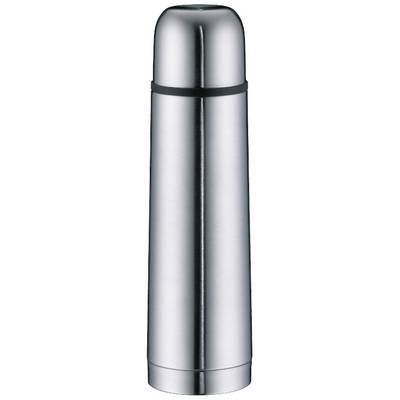 Bouteille isotherme en métal argentée à surface lisse et couvercle amovible. Idéale pour maintenir les boissons chaudes lors de vos déplacements.