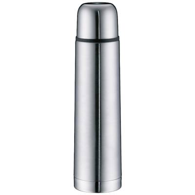Bouteille isotherme en acier inoxydable avec finition argentée, de forme cylindrique, adaptée pour maintenir les boissons au chaud.