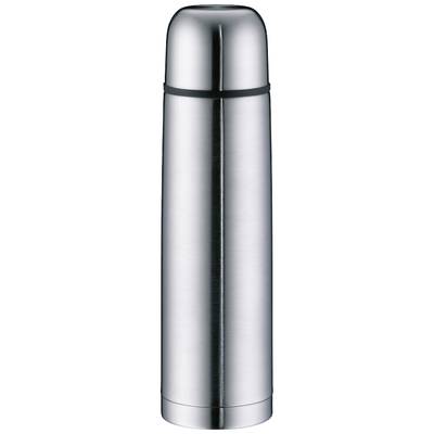 Une thermos en métal argenté avec un bord noir sur le couvercle.