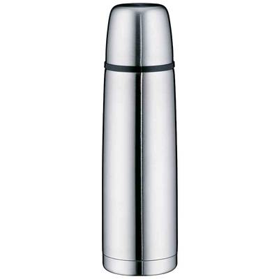 Bouteille isotherme métallique, cylindrique, avec un anneau noir à l'extrémité supérieure.