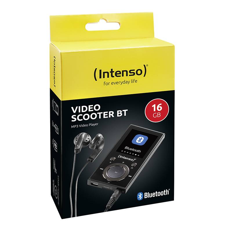 Emballage 'Intenso VIDEO SCOOTER BT' : Lecteur MP3 avec Bluetooth, 16 Go, écouteurs inclus. Emballage conçu en jaune et noir.