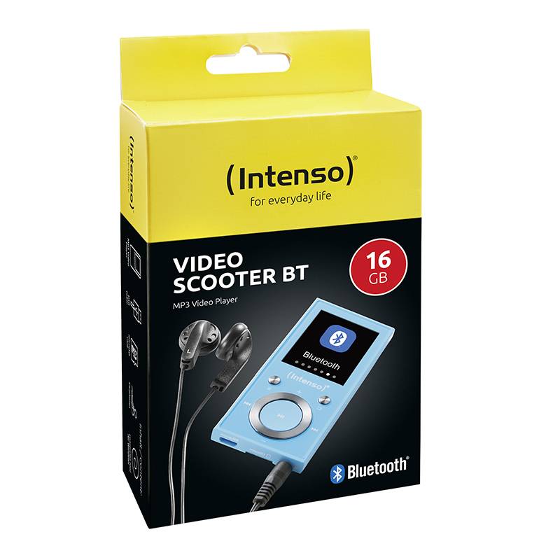 Un emballage jaune d'Intenso 'Video Scooter BT' présente un lecteur MP3 bleu avec des écouteurs. Capacité : 16 Go, compatible Bluetooth.