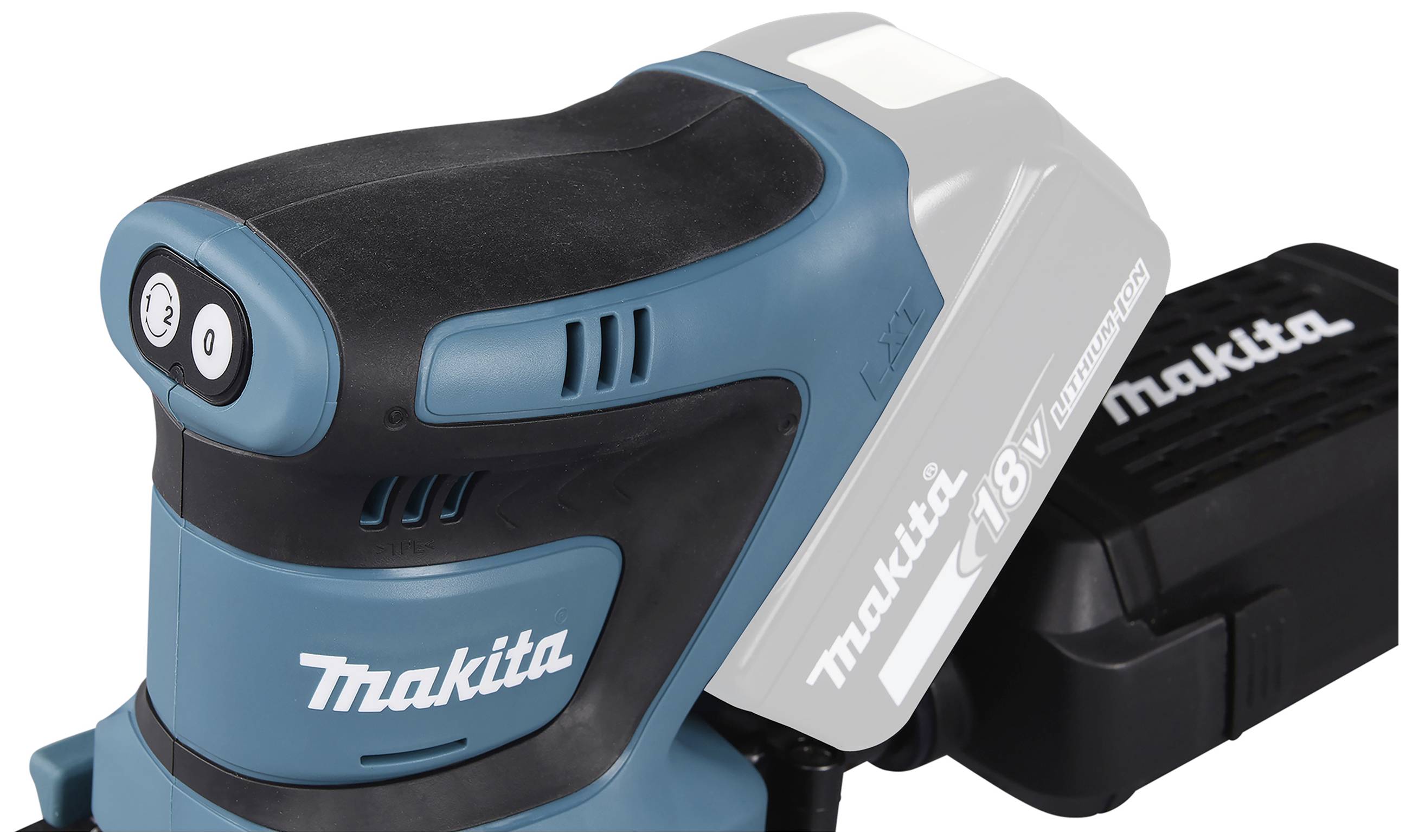 Un meuleuse Makita noir et bleu avec batterie 18V. L'appareil affiche le niveau de puissance 2.