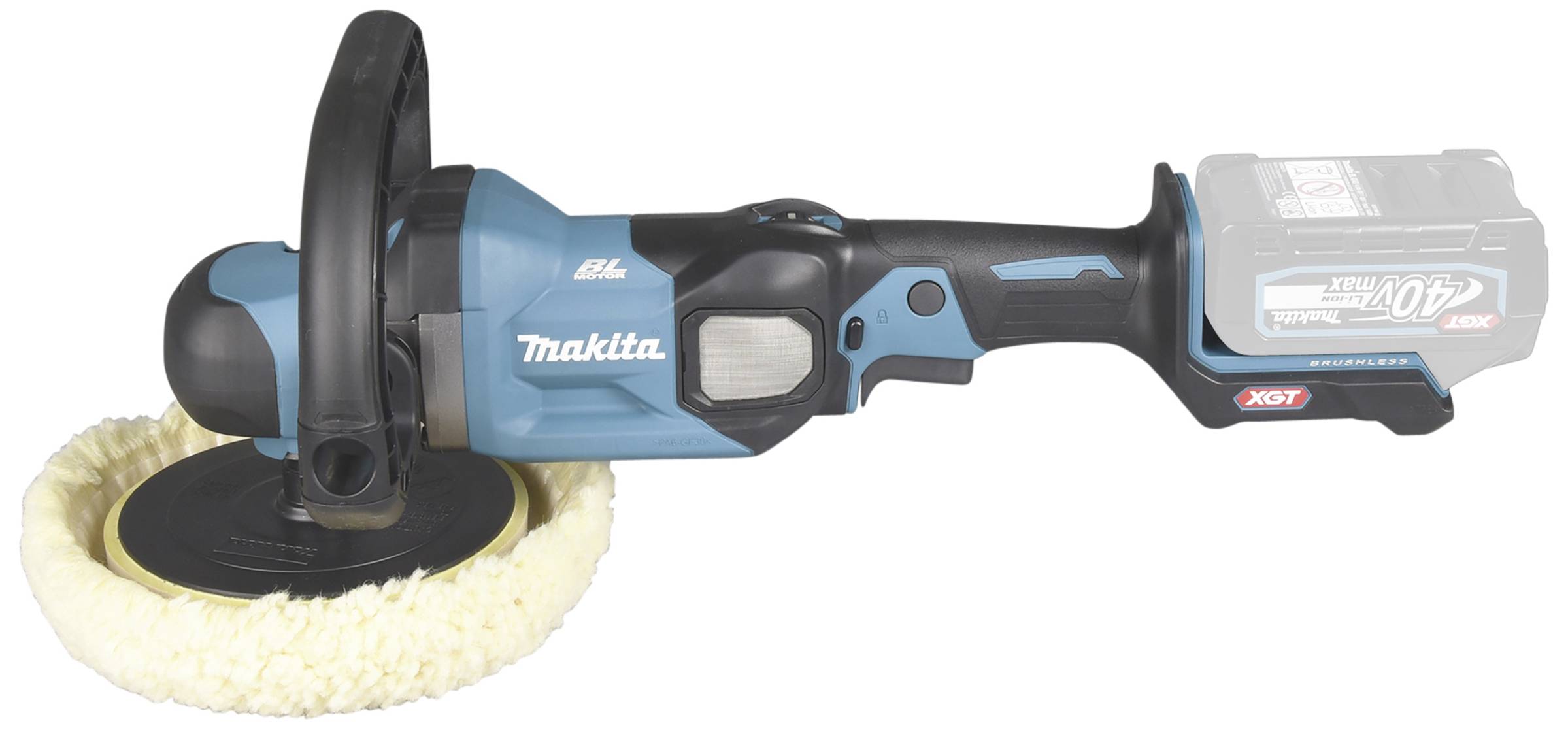 Une polisseuse électrique bleue avec batterie, un pad de polissage sur le côté gauche, la marque 'Makita' visible. Adaptée pour le polissage de surfaces.