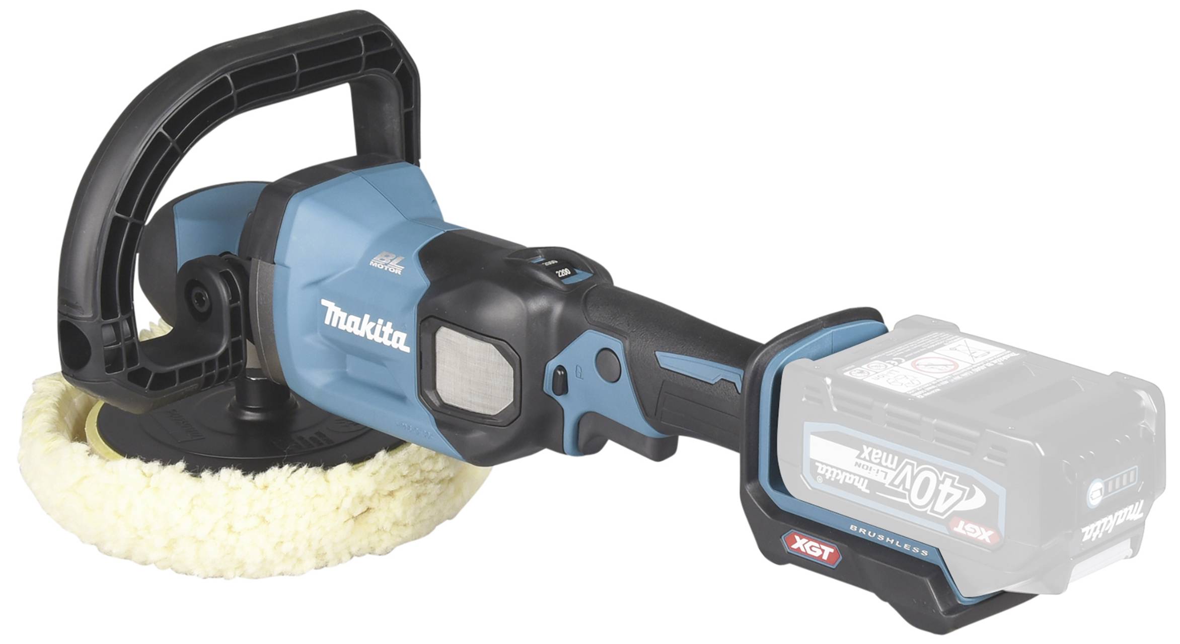 Machine à polir bleue à batterie de Makita avec un grand disque de polissage, une poignée ergonomique et une batterie visible à droite.