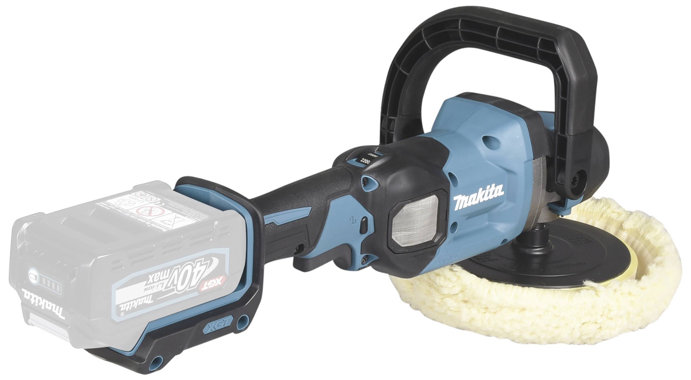 Machine à polir bleue à batterie avec un embout en mousse de polissage douce, une poignée latérale et une batterie insérée.