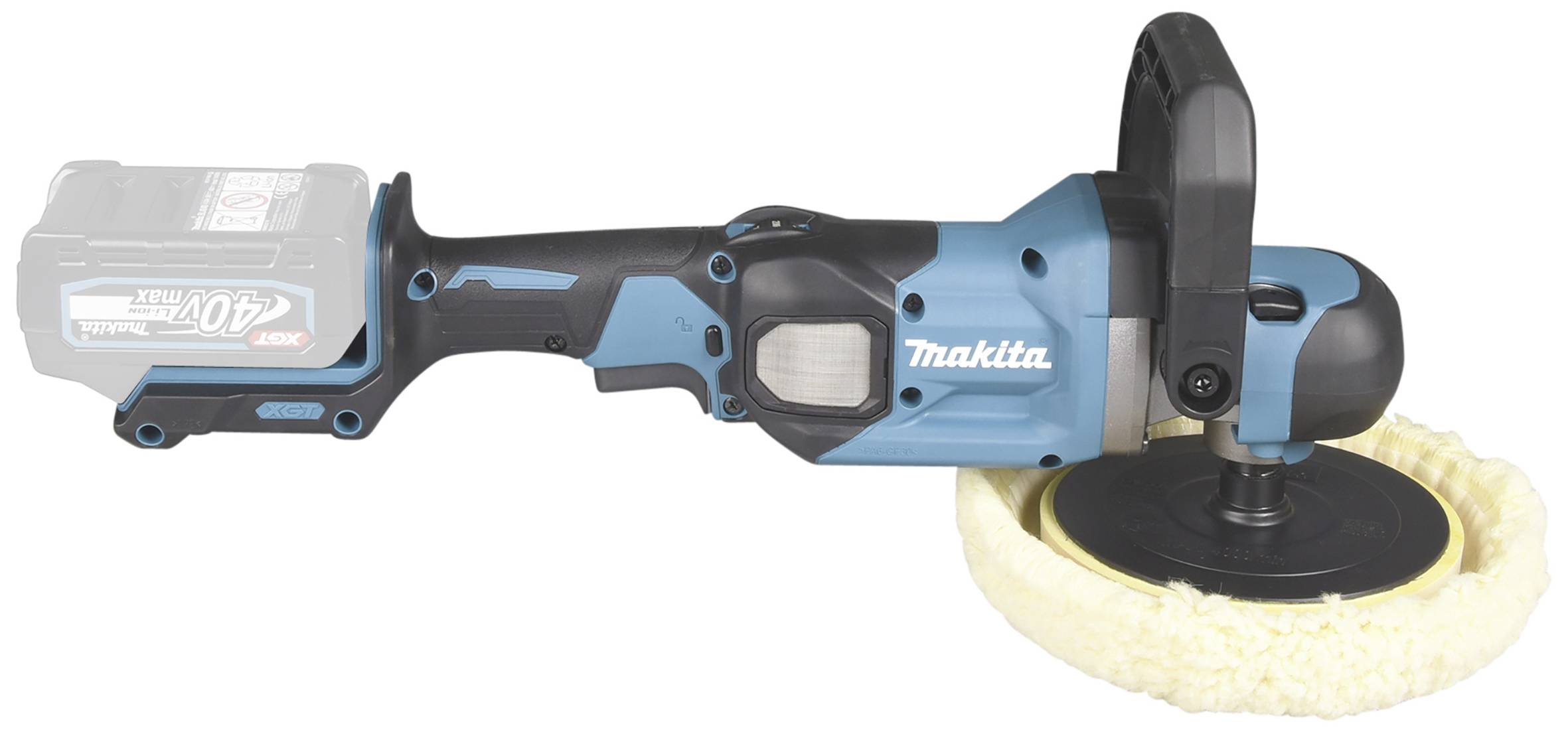 Polisseuse de précision en bleu et noir avec un tampon de polissage, la marque bien visible, conçue pour le polissage de surfaces.