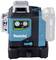 Un appareil laser Makita en noir et bleu, avec des commandes sur la face avant et un compartiment de batterie vide sur le côté droit.