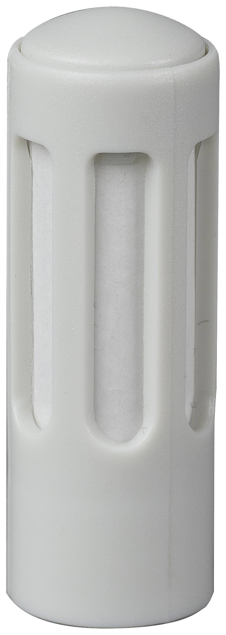 Un récipient en plastique blanc allongé avec des fentes verticales, adapté pour recevoir un objet cylindrique.