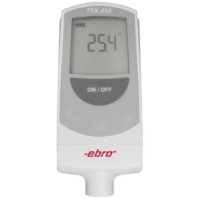 Thermomètre numérique TFX 410 affiche 25,4°C. Symbole de batterie en haut à droite. Interrupteur marche/arrêt sous l'affichage. Marque 'ebro' en bas.