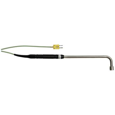 Un capteur de température en acier inoxydable en forme de L avec un câble vert et un connecteur jaune. Utilisé pour mesurer les températures dans des applications spécifiques.
