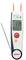 Thermomètre numérique avec sonde à aiguille, affichant 17,4 degrés Celsius sur l'écran. Nom de marque 'ebro'. Bouton principal mis en évidence en rouge.