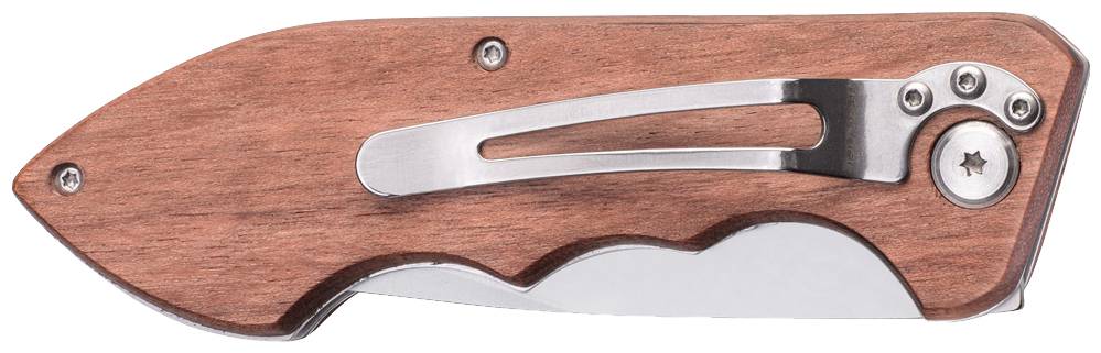 Couteau pliant avec manche en bois et clip métallique, fermé.