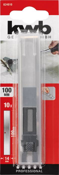 Emballage contenant un ensemble de lames de cutter KWB de 100 mm de long. Dix lames de 14 mm de large. Adapté aux applications professionnelles.